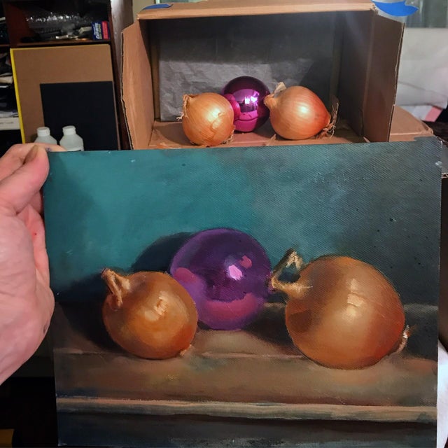 Realism Onions and Ornament by Nancy Bea Miller | Oil Painting of onions and a purple ornament For Sale - Image 3 of 5