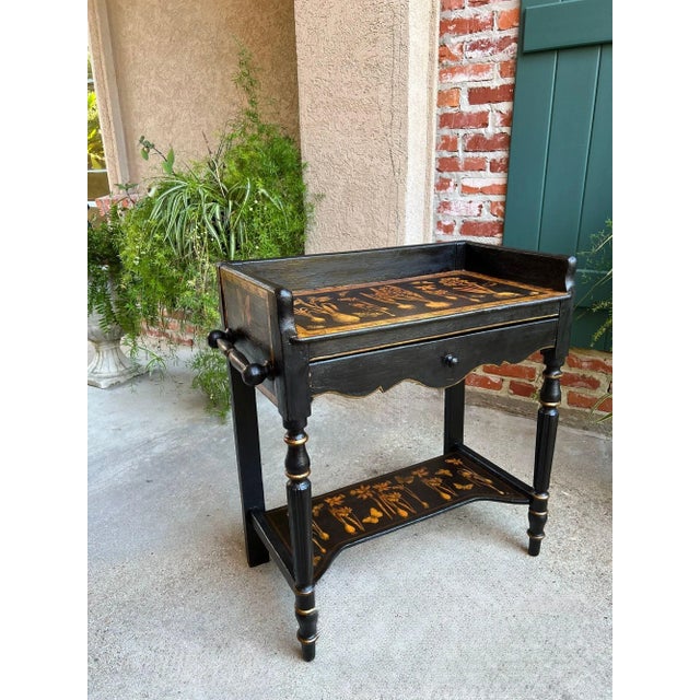 Antique English Sofa Side Table Decoupage Botanical Floral Black Gold C1890 For Sale - Image 14 of 18