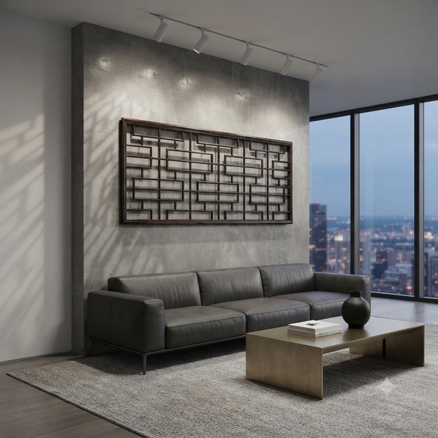 Dark Brown Rustic 100" Geometric Rectangular Wood Panel Screen For Sale - Image 9 of 9