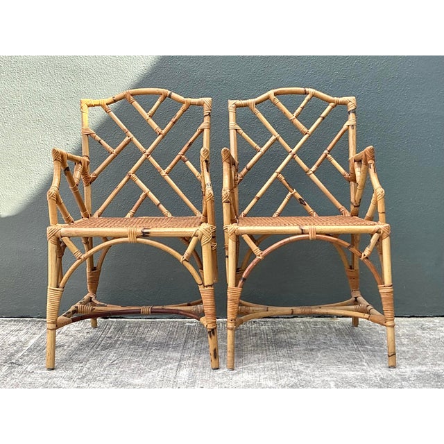 Late 20th Century Vintage Chinese Chippendale Rattan Dining Chairs For Sale - Image 5 of 12
