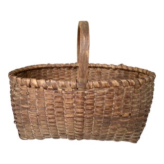 Early 20th Century Antique Woven Basket With Wood Handle For Sale