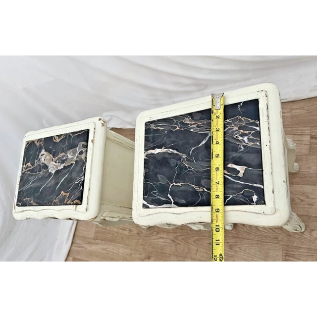Early 20th Century French Nightstands Bedside Chests Marble Top Shabby Chic Distressed Petite Size For Sale - Image 9 of 11