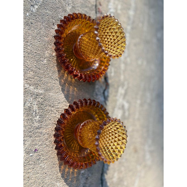 Gemstone Pair Indiana Glass Amber Diamond Cut Point Votive Peg Holders and Candle Bases, MCM For Sale - Image 7 of 9