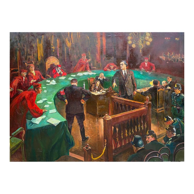 Vintage "Dimitrov at Leipzig Trial" Oil Painting, Ukrainian Artist, 1985 150-202 For Sale