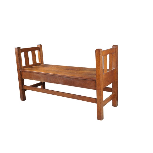 Arts & Crafts Antique Mission Arts & Crafts Quartersawn Oak Hall Storage Bench Seat Settee 50" For Sale - Image 3 of 13