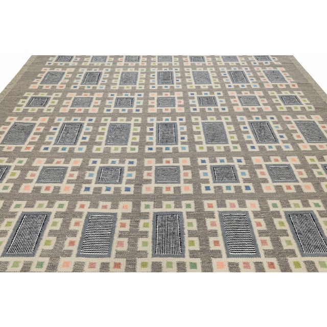 Charcoal 10x10 Modern Scandinavian Swedish Style Wool Rug in Charcoal, Sage, and Pastels For Sale - Image 8 of 11