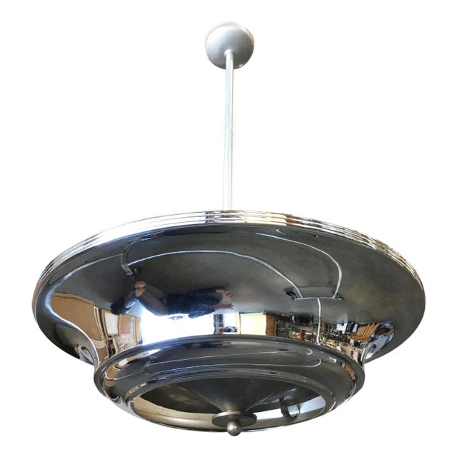 2 Layer Chrome Art Deco Streamline Saucer Ceiling Pendant Chandelier, 5 Available For Sale