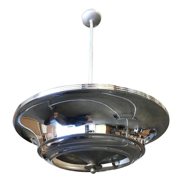 2 Layer Chrome Art Deco Streamline Saucer Ceiling Pendant Chandelier, 7 Available For Sale