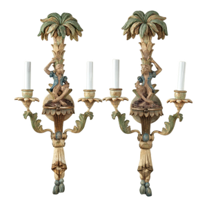 Antique Pair of Italian Carved Wood Wall Sconces With Monkeys