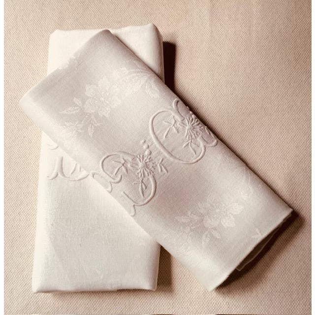 Textile Antique French Damask Linen Napkins, Monogrammed Dc, Birds & Floral Wreath, Pair | C. 1900 For Sale - Image 7 of 18