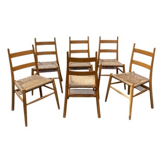 Vintage Turned Wood Chairs with Straw Seats by Yngve Ekström, 1950s, Set of 6 For Sale