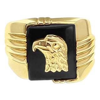 Eagle Head Onyx Gold Ring 14k Yellow Gold, Size 10.25 For Sale