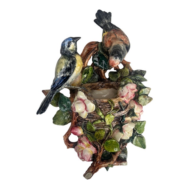 Rare 19th Century Majolica Birds & Roses Wall Pocket Delphin Massier For Sale