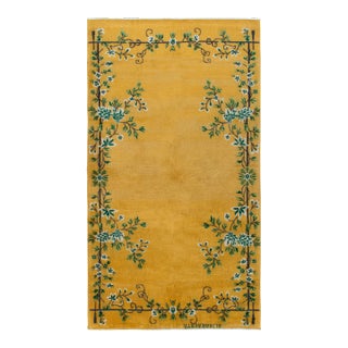 Vintage Signature Art Deco Rug in Gold With Green Floral Patterns by Rug & Kilim For Sale