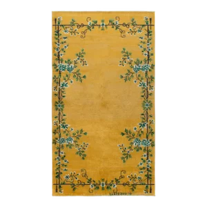 Vintage Signature Art Deco Rug in Gold With Green Floral Patterns by Rug & Kilim