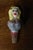 Rare antique English ceramic bottle stopper depicting a whimsical hand-painted blonde woman in a strapless blue bodice...