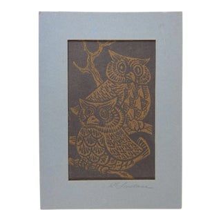 Small Vintage Mid 20th Century Woodcut Owls Print For Sale