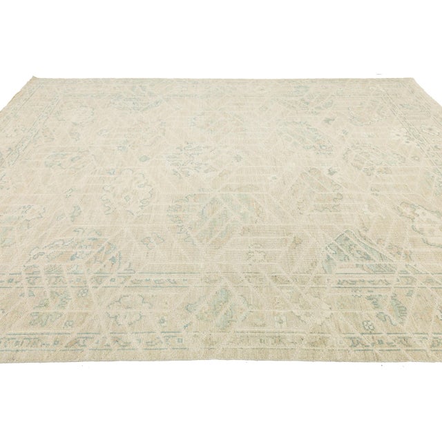 9x12 Modern Oushak Style Hand-Knotted Wool Rug – Neutral Ivory & Sage Geometric For Sale - Image 4 of 11