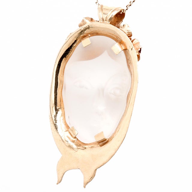 Walter Bauscher 14k Gold, Rock Crystal, Garnet, and Diamond Figural Face Pendant For Sale - Image 10 of 14