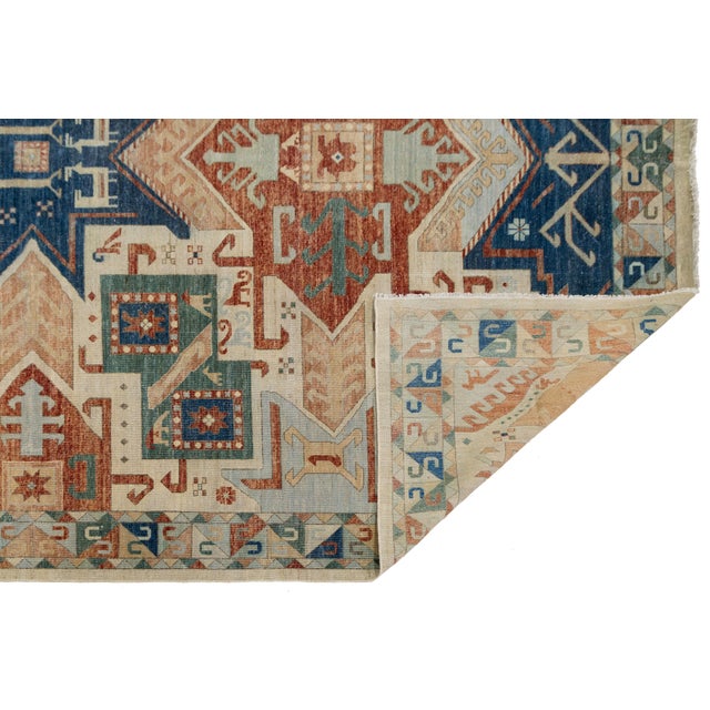 Textile Modern Kazak Style Hand-Knotted Wool Rug – Geometric Tribal Design in Terracotta For Sale - Image 7 of 8