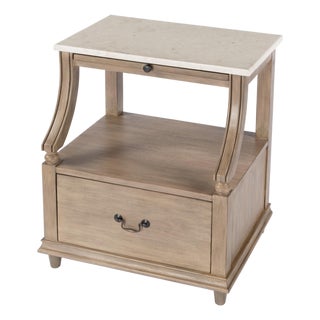 Mabel 24 in. W Rectangular Marble and Wood 1 Drawer Nightstand with Top Open Shelf, Sandalwood Beige For Sale