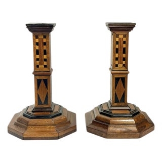 Antique Italian Marquetry Inlaid Wood Candlesticks – Pair With Octagonal Bases For Sale