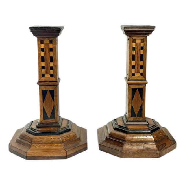 Antique Italian Marquetry Inlaid Wood Candlesticks – Pair With Octagonal Bases For Sale