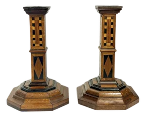 Antique Italian Marquetry Inlaid Wood Candlesticks – Pair With Octagonal Bases