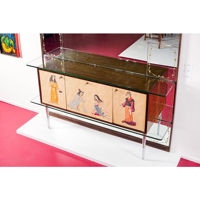 Mid Century Mirrored Bar Cabinet Credenza With Asian Motif, Made in Italy For Sale - Image 9 of 15