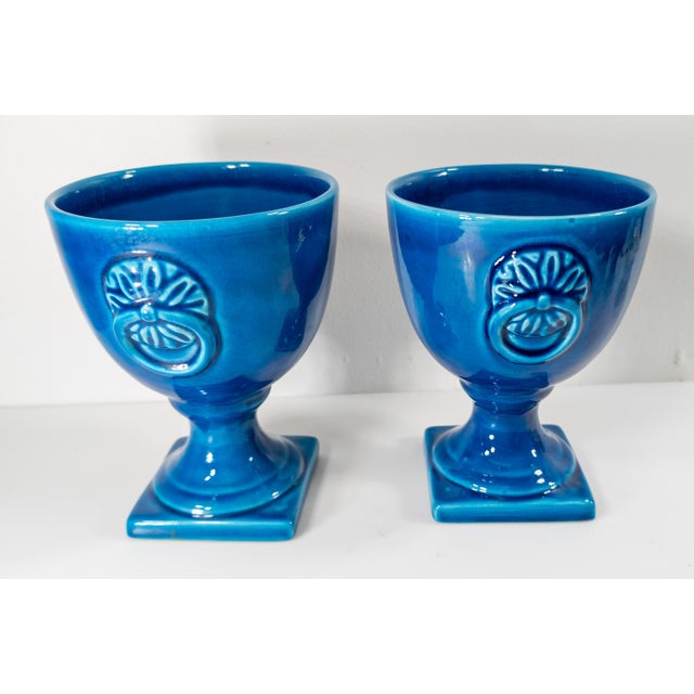 Mid 20th Century Mid-Century Italian Pair of Bright Turquoise Blue Garniture Urns For Sale - Image 5 of 9