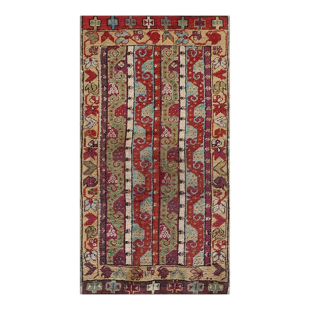 1880s Multicolor Abstract Geometric Antique Turkish Sivas Yastik Carpet 1'8" X 3'1" Handknotted Wool Rug For Sale