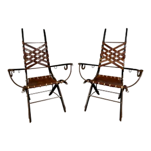 1960s Italian Belt Strap Leather Arm Chairs by Alberto Marconetti- a Pair
