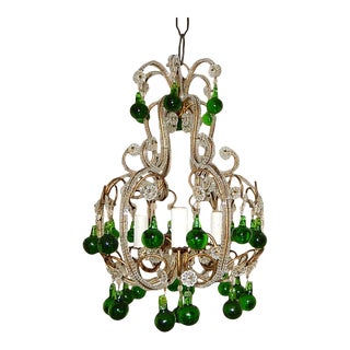 French Beaded Forest Green Drops Petit Beaded Small Chandelier, Circa 1920 For Sale