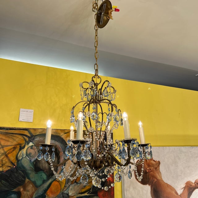 1970s Bronze Finish Iron Scroll Crystal Swag Chandelier With Bronze Finish Canopy For Sale - Image 5 of 11