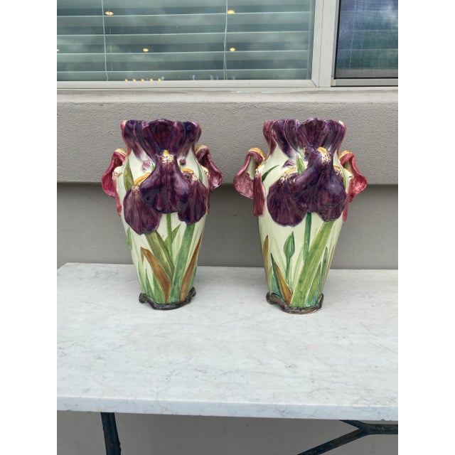 Purple Pair of French Majolica Iris Vase Delphin Massier, Circa 1880 For Sale - Image 8 of 8