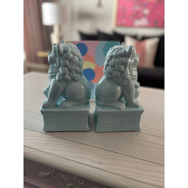 Chinoiserie Pale Blue Chinoiserie Foo Dogs- A Pair For Sale - Image 3 of 6