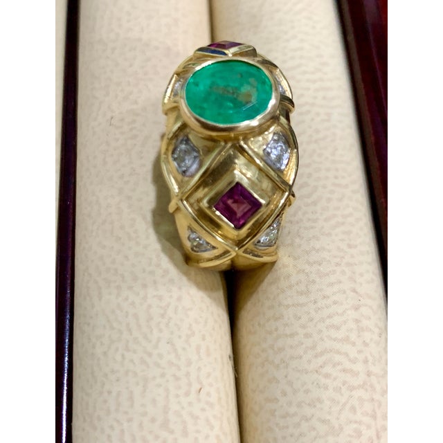 Gemstone Oval Emerald , Pink Tourmaline Diamond Ring 18 Karat Yellow Gold, Size 6.5 For Sale - Image 7 of 18