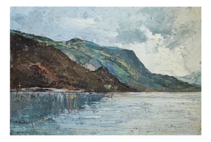 Jean Heitmann, Paysage de lac et montagnes, 1939, Oil on Wood