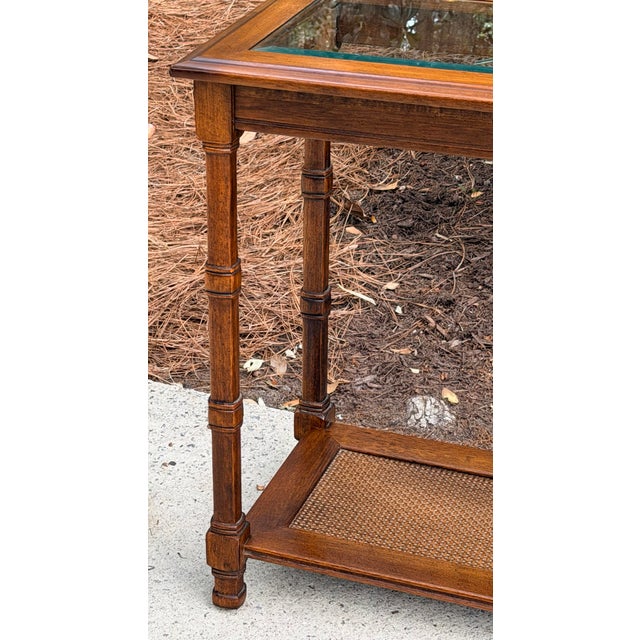 1970s Walnut Two Tier Glass Top Console Table With Faux Caning Shelf For Sale - Image 12 of 12