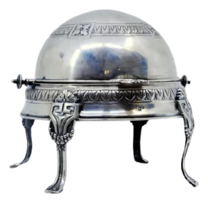 Silver Butter Dish with Glass Core and Case Engravings with Raised Embossed Crown Feet