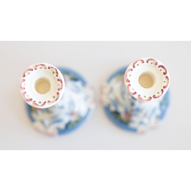 Delft Vintage Tall Dutch Delft Faience Polychrome Floral Candlesticks - A Pair For Sale - Image 4 of 10