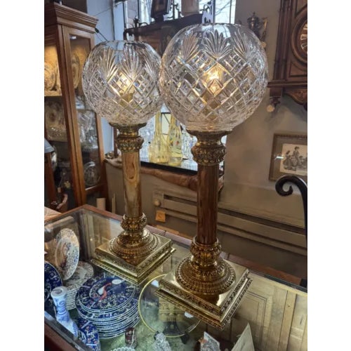 Pair of Mid 20th Century Brass and Marble With Cut Crystal Open Globe Torchiere Buffet Lamps For Sale - Image 4 of 12