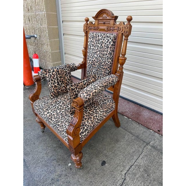 Brown 19th Century Antique Napoleon III Style Walnut Leopard Print Fabric Armchair. For Sale - Image 8 of 10