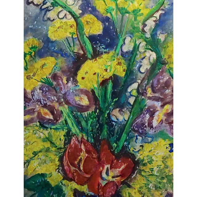 1960s Pauline Polk -Still Life of Red & Yellow Flowers in a Blue Vase- Painting For Sale - Image 5 of 11