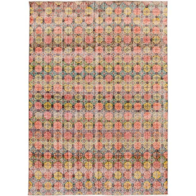 Pink Vintage Turkish Art Deco Handmade Pink and Yellow Floral Wool Rug For Sale - Image 8 of 8