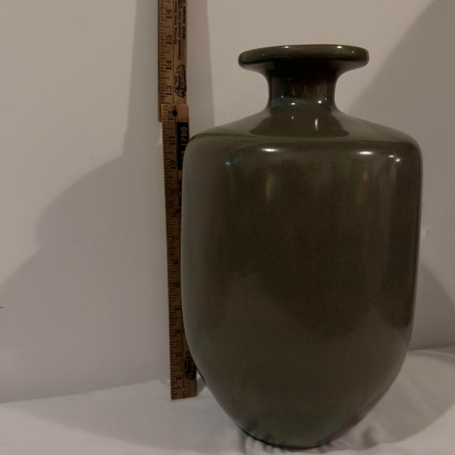 Vintage Large Mottled Moss & Chestnut Speckled Glazed Bottle Vase (14") For Sale - Image 18 of 18