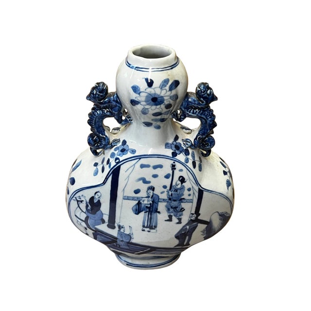 Chinese Chinese Blue White Porcelain People Theme Flower Shape Vase For Sale - Image 3 of 7