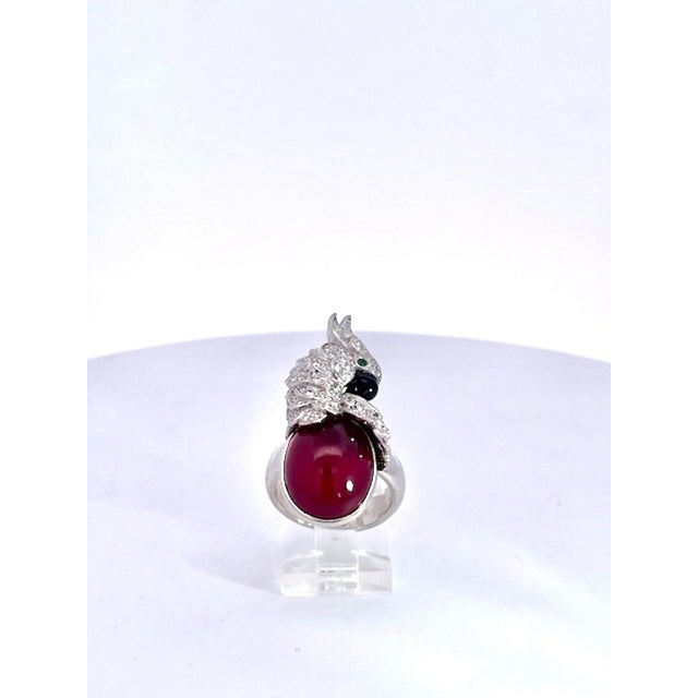 2020s Large Oval Ruby Cabochon and Diamond Parrot Ring, Size 6.5 For Sale - Image 5 of 9