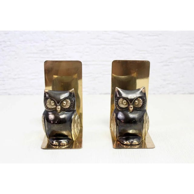Black Mid-Century Brass Owl Bookends, Set of 2 For Sale - Image 8 of 13