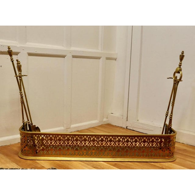 Victorian Pierced Brass Fender with Fire Irons For Sale - Image 6 of 9
